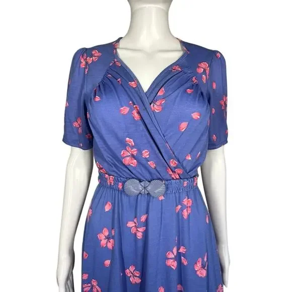 Christine Von Lumbe Vtg 80s Belted Floral Purple Pink Shell Buckle Dress Small - Picture 4 of 10